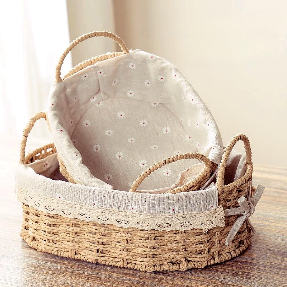 GIB Small Wicker Storage Baskets for Organizing, Decorative Woven Baskets with Handles & Liners, Boho Paper Rope Cute Baskets for Gifts, Decor, Pantry Table, Serving Trays, Set of 2