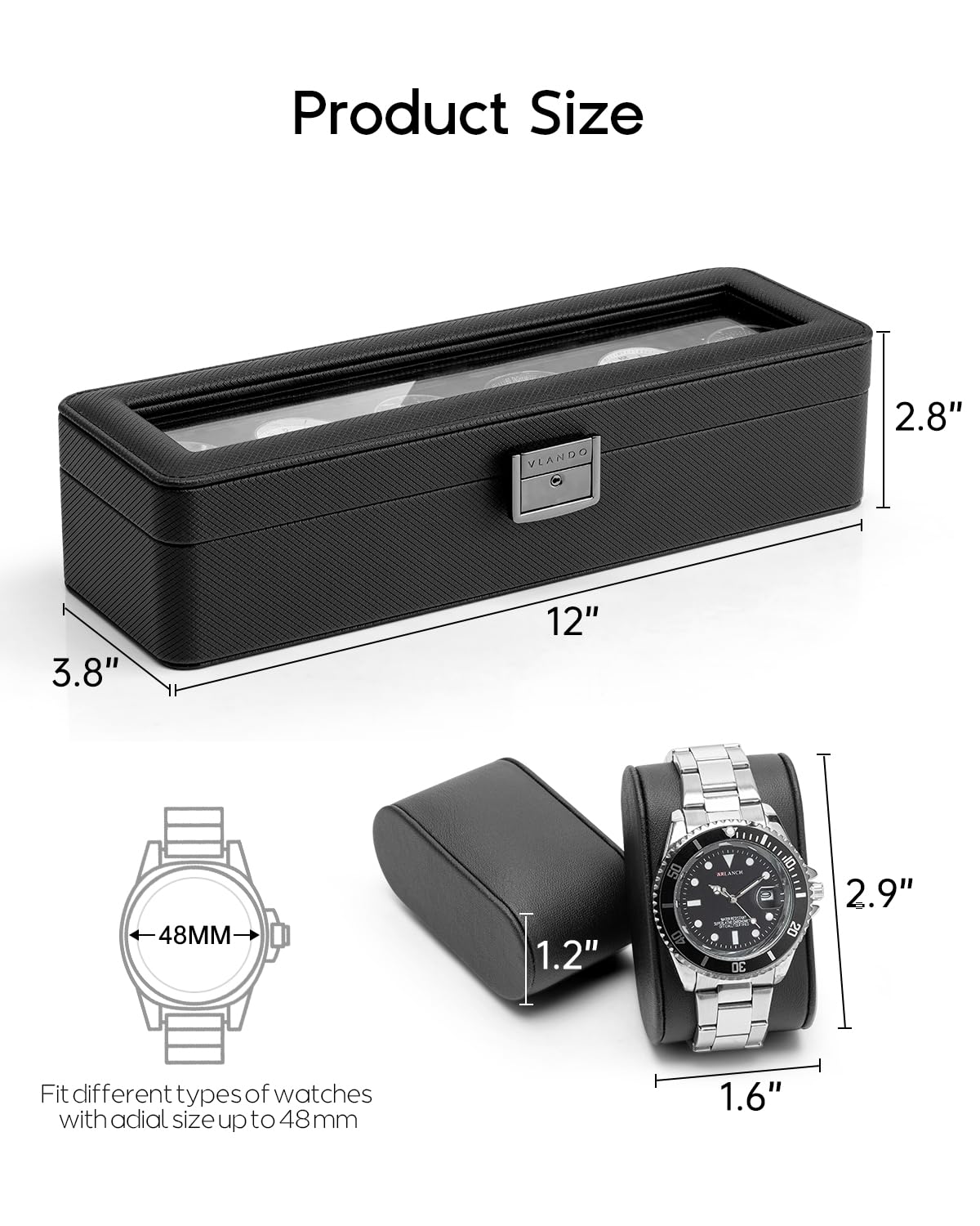 VLANDO 6-Slot Watch Case for Men, Watch Box with Glass Lid, Lockable Watch Holder, Business Textured Leather Organizer Display Case, Soft Pillow, Gifts for Fathers, Dad, Husband, Valentines - Black