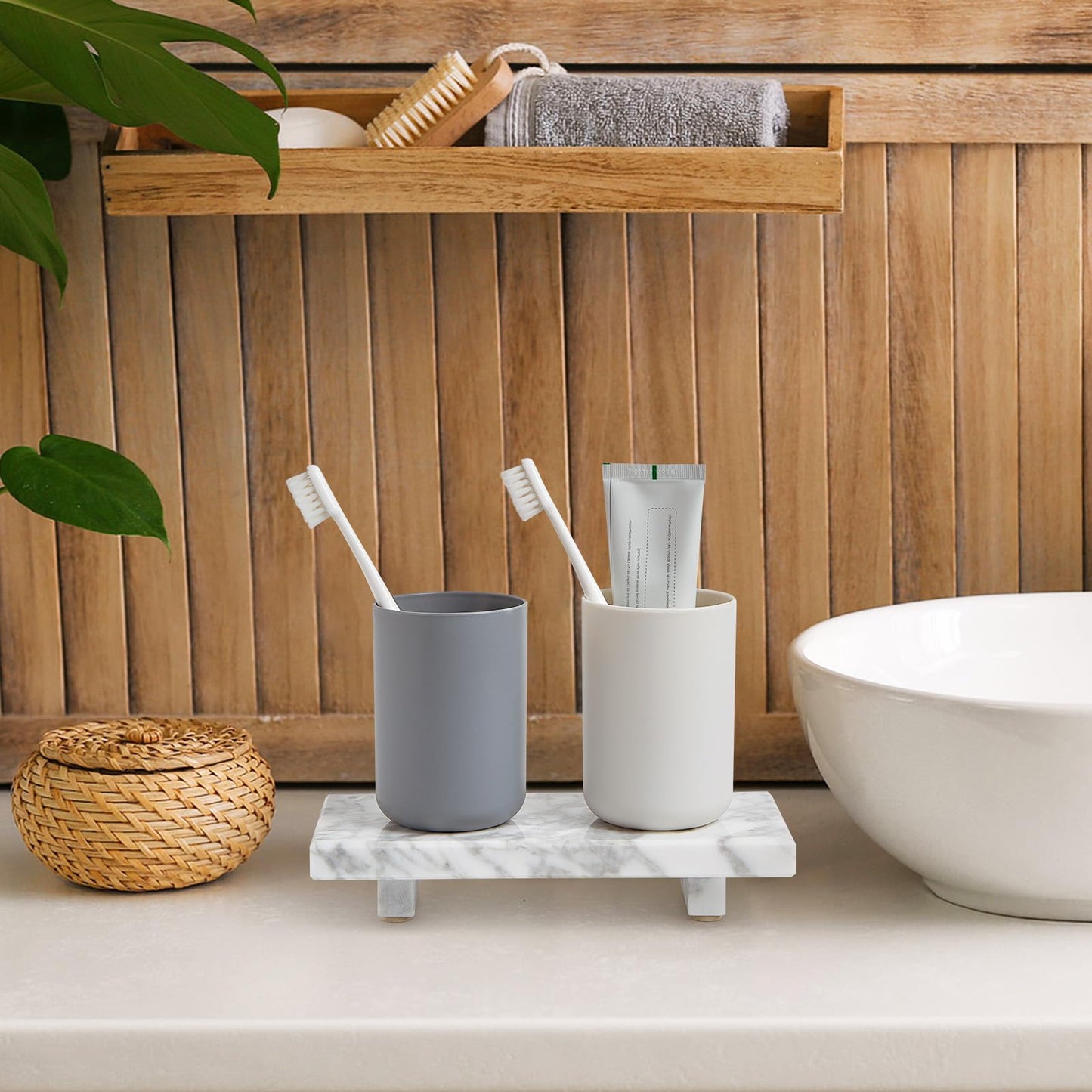 Natural Marble Tray Pedestal Stand – Soap & Jewelry Riser for Bathroom Counter, Kitchen Sink, Vanity Organizer, Decorative Stone Catchall for Perfume, Candles