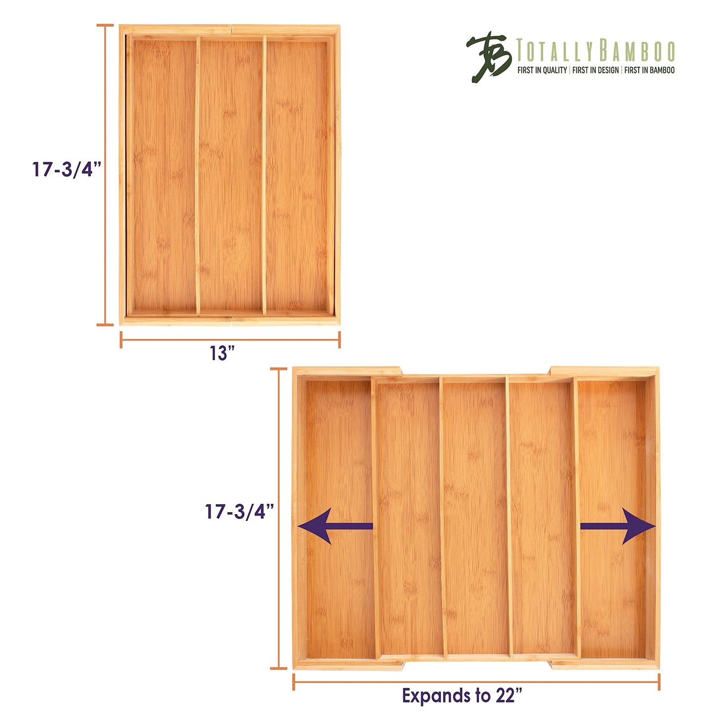Totally Bamboo Expandable 5-Compartment Drawer Organizer, Expands from 13 to 22" Wide