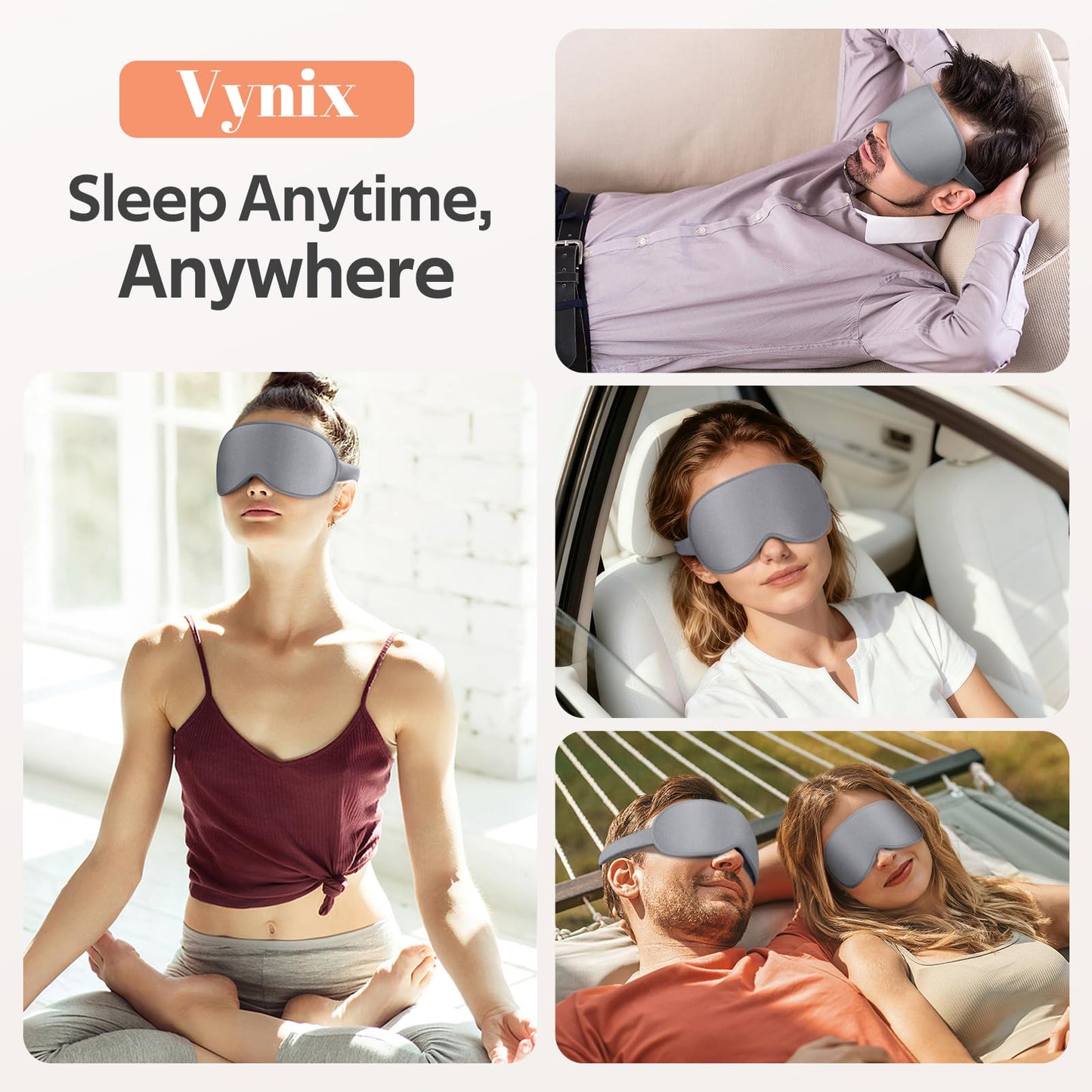 Vynix Sleep Mask for Men Women - 100% Blackout Cooling Eye Masks for Sleep - 3D Sleeping Mask for Side Sleepers - Zero Pressure Lash Extensions Eye Cover Shade for Airplane Travel Essentials, Grey