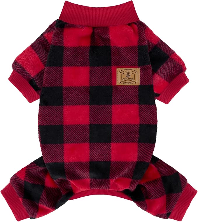 XPUDAC Dog Christmas Sweater Plaid Dog Pajamas for Small Medium Dogs Girl Boy Fleece Puppy Clothes Outfit for Winter, XL