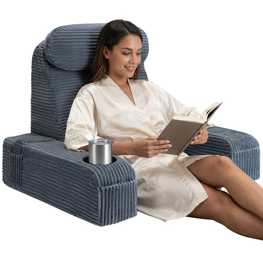 AMCATON Reading Pillow/Backrest Pillow with Arms, Cup Holder & Phone Pocket - Bed Rest Pillow with Adjustable Headrest, Corduroy Fabric for Back Support in Bed/Sofa/Floor (Gray, 21 INCH)