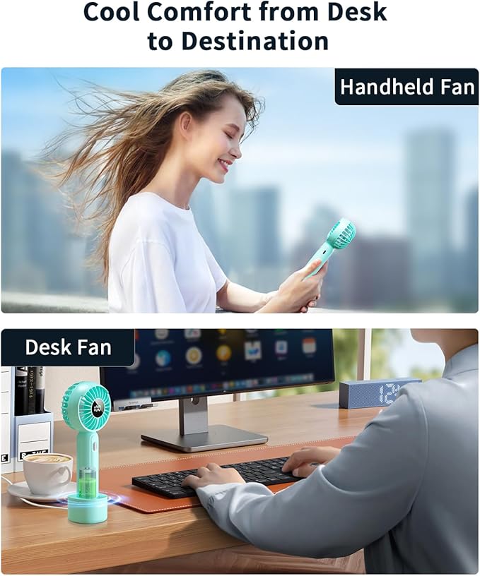 Handheld Fan with 𝗪𝗶𝗿𝗲𝗹𝗲𝘀𝘀 Charging Base, 3 Speeds Portable Fan with Digital Display, 2000mAh Battery Operated Hand Held Fan, Handheld/Desk 2 in 1 Personal Fan Lash Fan Makeup Fan (Blue)
