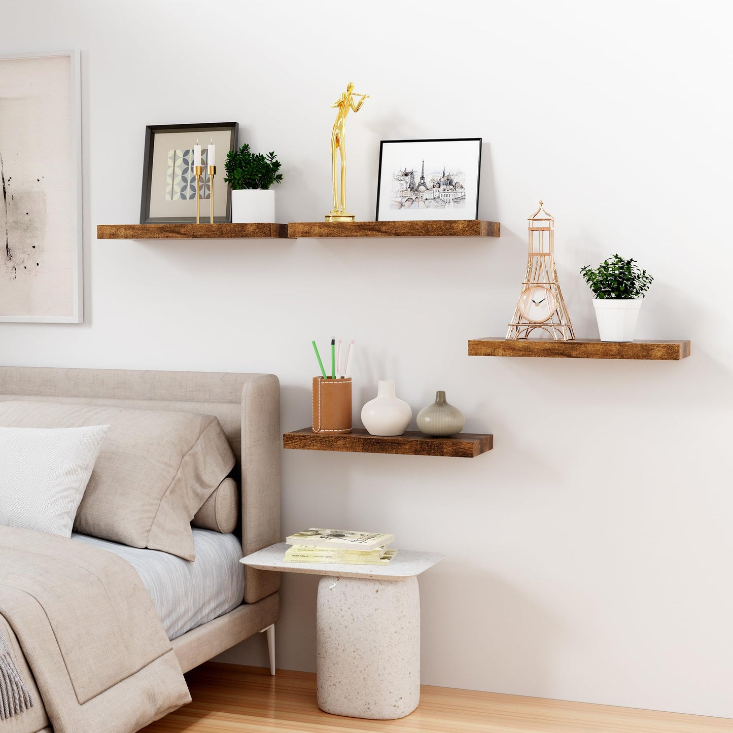Bellsal Floating Shelves for Wall, Rustic Brown Wood Wall Shelf Set of 4, 16" Walls Mounted Floating Shelf for Kitchen, Living Room, Bedroom, Bathroom Storage, Book Shelf for Walls Home Decor