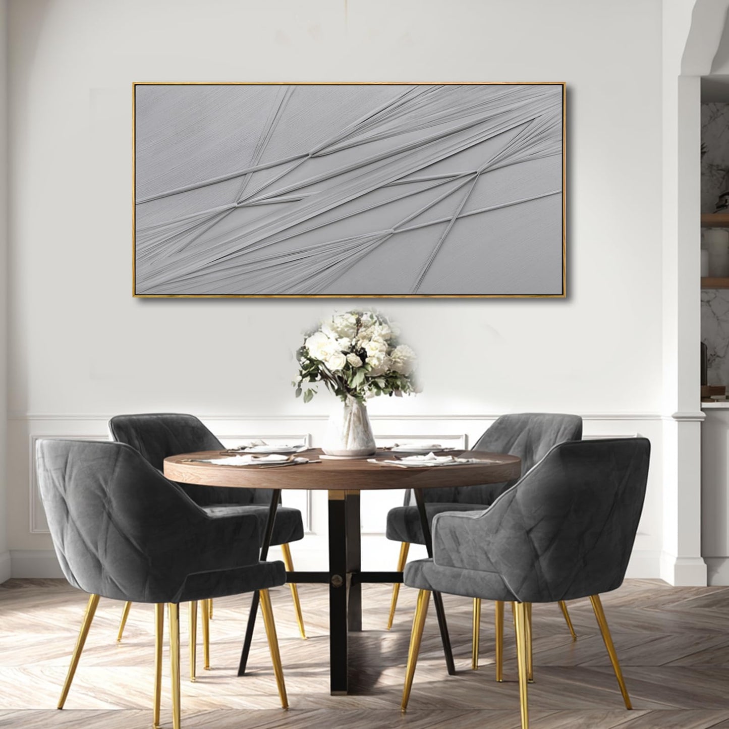 Framed Wall Art 24x48 Inch, Hand Painted Textured Canvas Painting with Wood Frame, Grey Abstract Minimalist Line Decor for Dining Room Living Room Bedroom Office