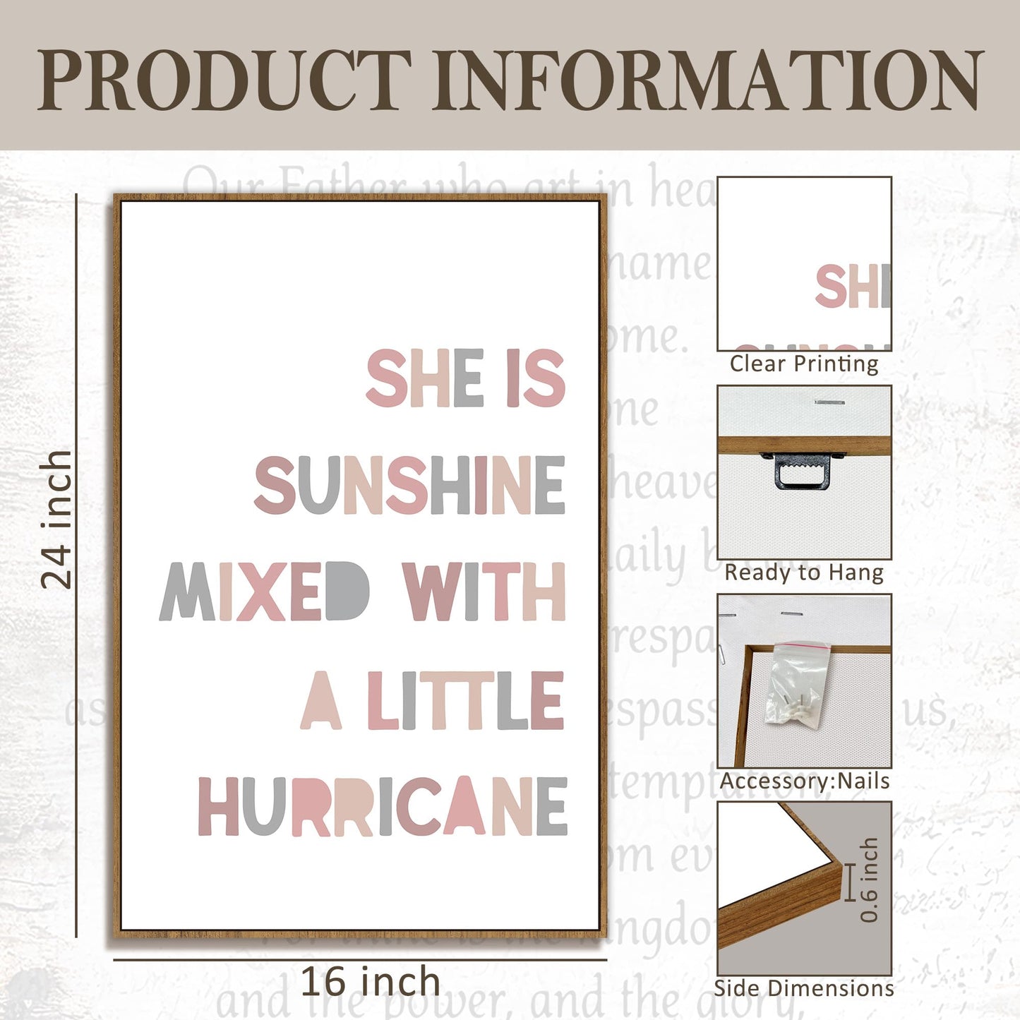 PHAMTE Girls Bedroom Wall Art Framed,She is Sunshine Mixed with a Little Hurricane Girly Room Wall Art Decor, Sunshine Boho Print Framed Canvas Painting Dorm Bedroom Nursery Playroom Decor 16x24in