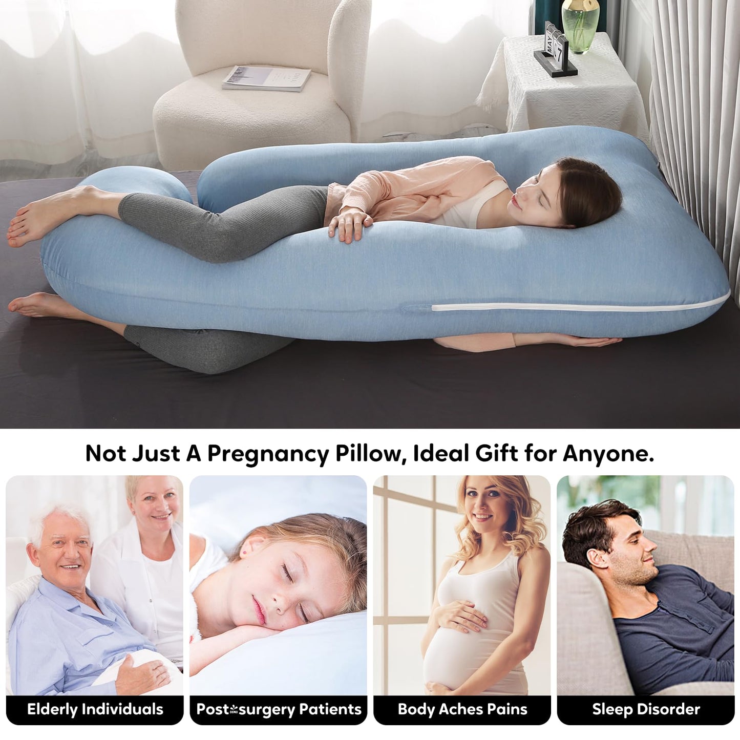 U-Shaped Pregnancy Pillow for Sleeping, Full Body Support for Back, HIPS & Belly - 65 Inch Maternity Pillow with Machine Washable Cover | Maternity Essential