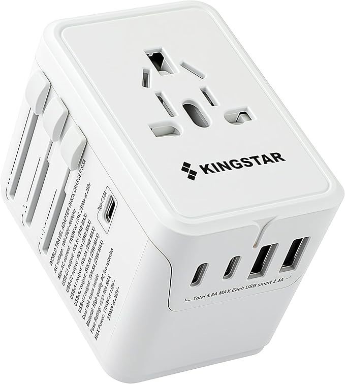 Universal International Plug Travel Adapter, 6 in 1 Wall Charger with 3 Type-C 5.8A 29W PD Fast Charging & 2 USB-A 5.8A & Multi AC Outlet Adaptor for USA EU UK AUS 200+ Countries