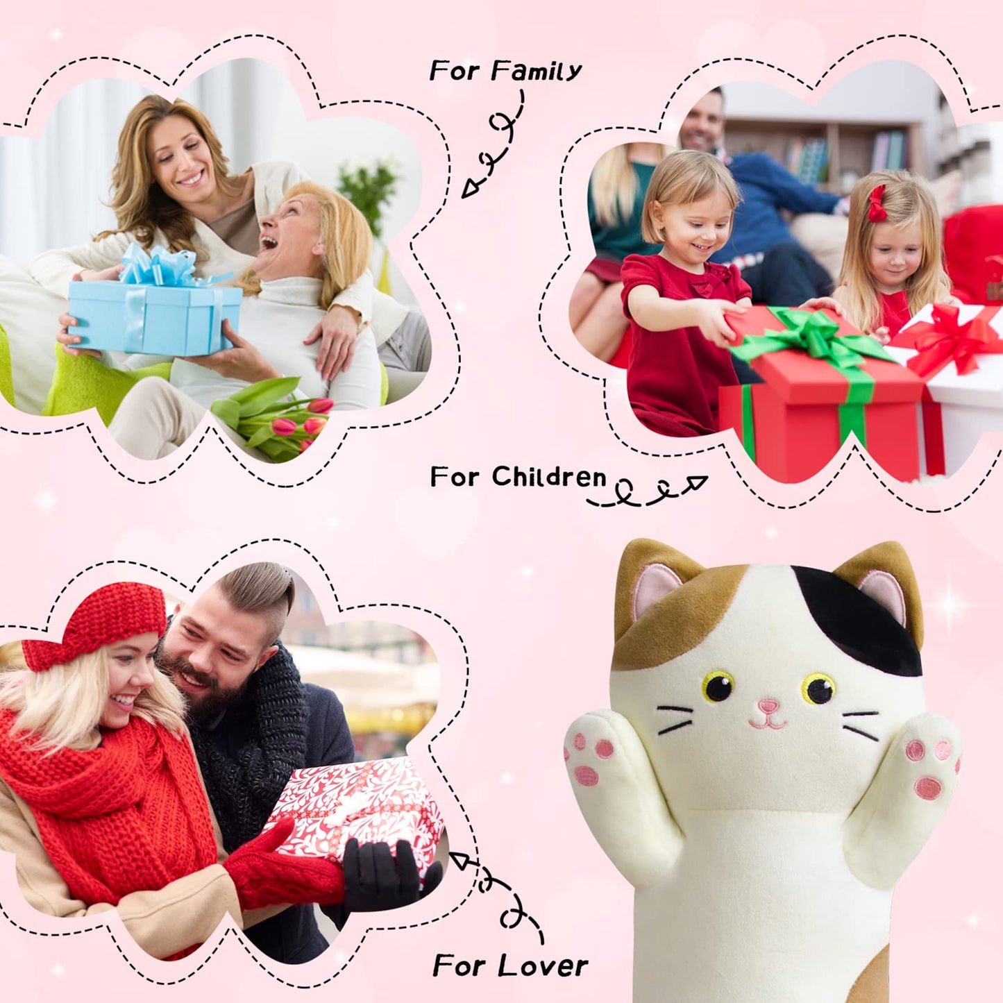 JEROKUMI Calico Cat Long Plush Pillow - 22" Soft Cat Body Pillow, Cuddly Stuffed Animal Plushie, Cute Plushies Kawaii Birthday Gift for Cat Lovers & Kids, Adults