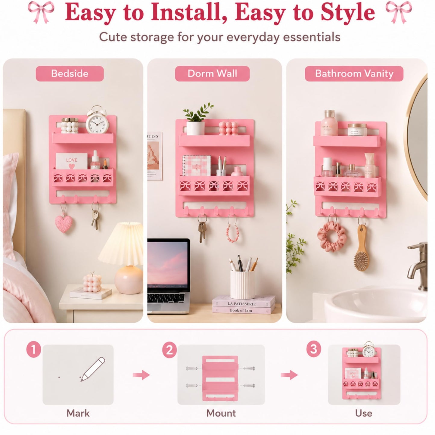 Otoolling Floating Shelves for Bedside Pink Bow Coquette Aesthetic Room Decor Metal Wall Mount Bedside Wall Shelf Organizer Cute Bedroom Accessories for Teen Girl Dorm Room Bunk Bed