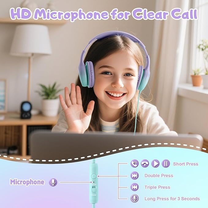 USB Type C Kids Headphones, Wired Headphones for Kids with Microphone 85/94dB Volume Limit, Stereo Sound Portable Over Ear Headphones for School/Travel/Tablet/iPad, Green Violet