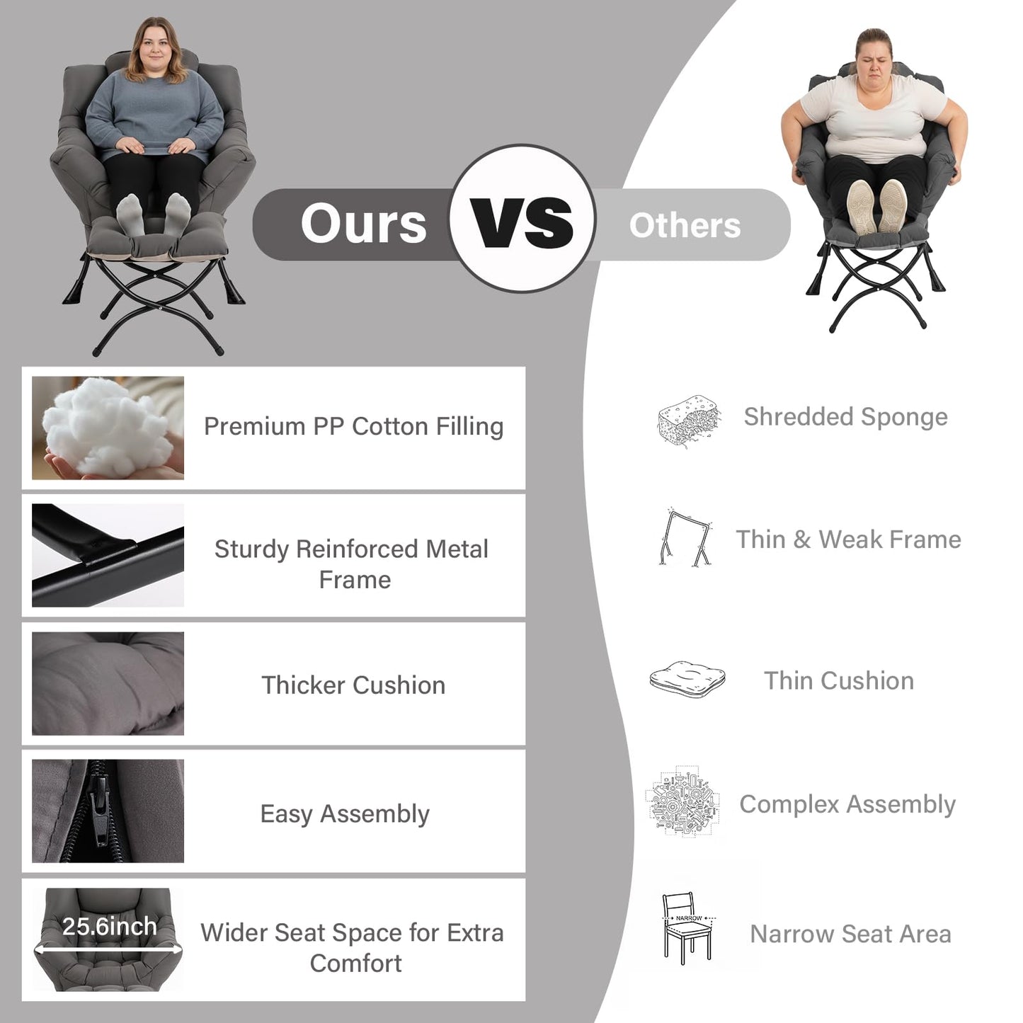 MBOOYOME Lazy Chair with Ottoman, Modern Accent Lounge Armchair with Armrests and a Side Pocket & Foldable Footstool, Leisure Reading Chair for Living Room, Bedroom, Dorm & Office, Dark Grey