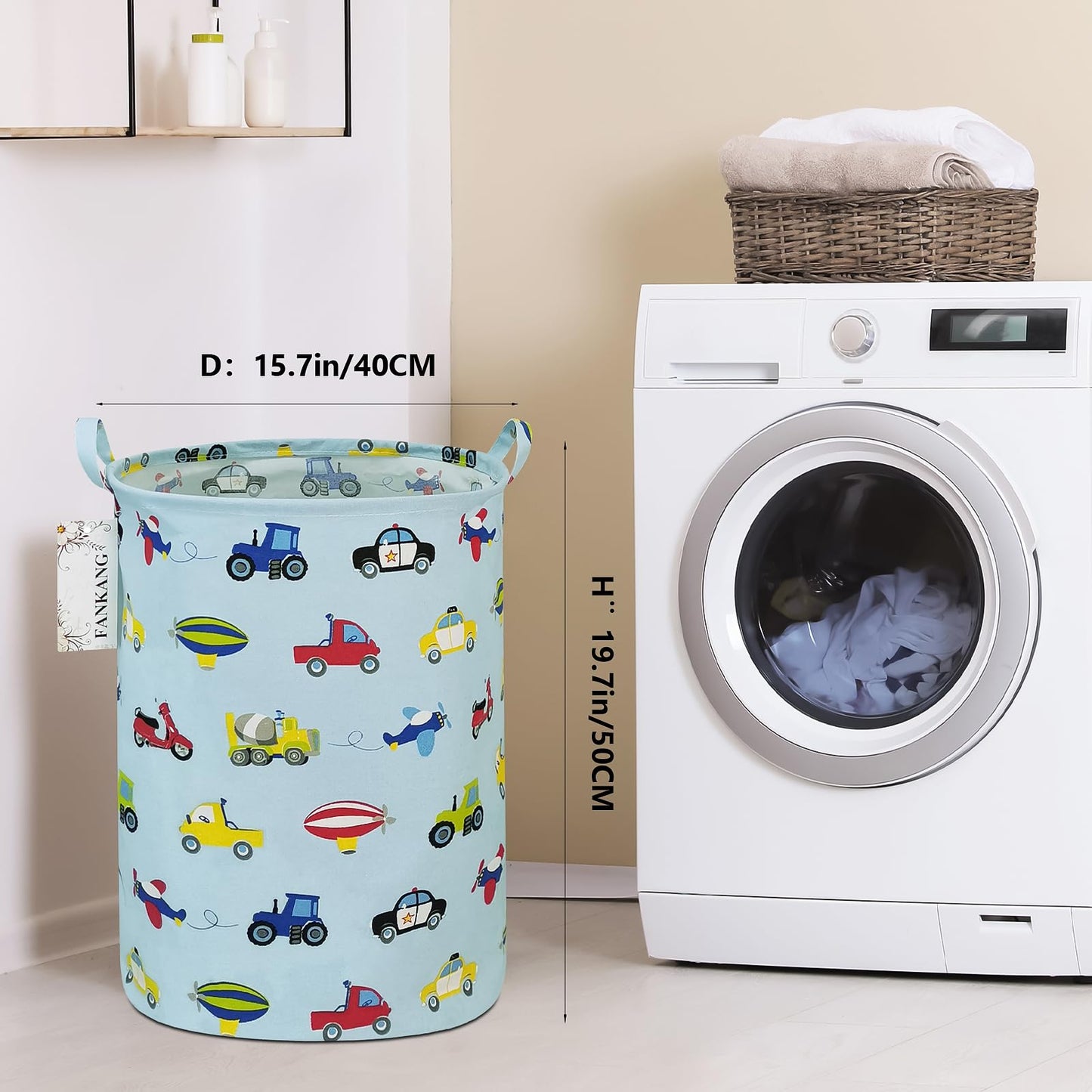 FANKANG Storage Basket, Nursery Hamper Canvas Laundry Basket Foldable with Waterproof PE Coating Large Storage Baskets for Kids Boys and Girls, Office, Bedroom, Clothes,Toys（Car）