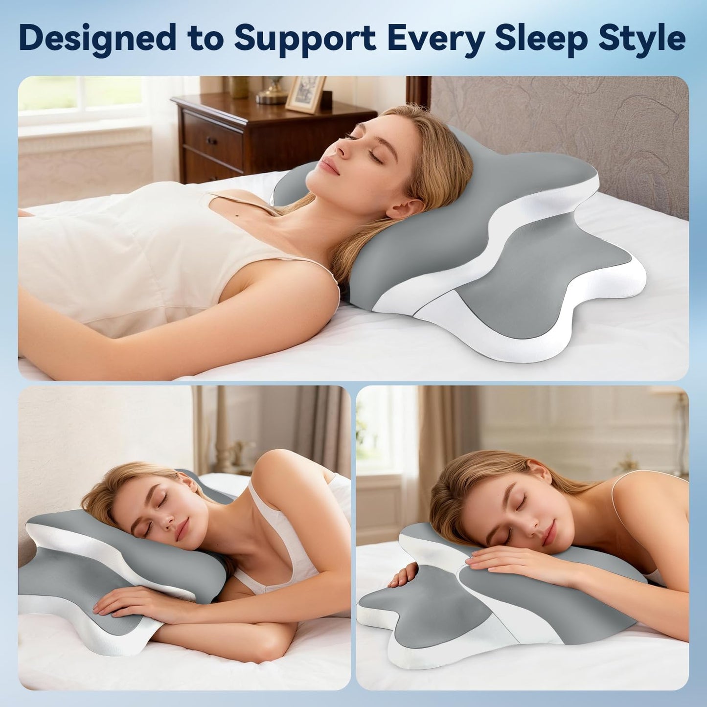 WENGTY Dreams Relief Pillow,Sleep Apnea Pillow w/Neck & Snoring Relief,Orthopedic & Ergonomic Contour Cervical Memory Foam Cooling Pillow for Side Sleepers,Medium Firm Support (Grey, Queen Size)