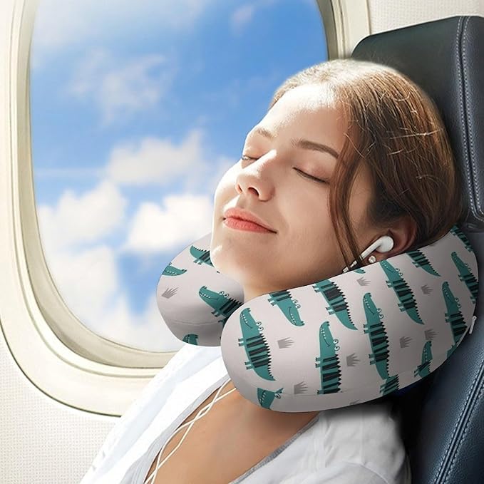 Stylish U Shaped Travel Neck Pillow Memory Foam Chin Support Alligator Animal, Breathable Washable Cover for Airplane Car Office Decor