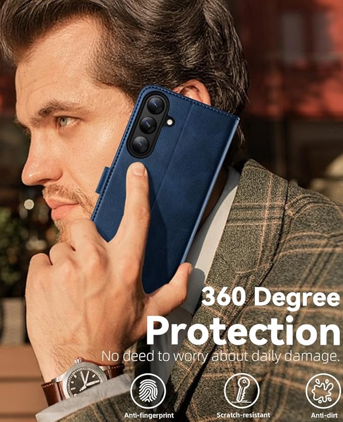 OCASE Compatible with Galaxy S25 FE Wallet Case, PU Leather Flip Folio Case with Card Holders RFID Blocking Kickstand [Shockproof TPU Inner Shell] Protective Phone Cover 2025, Retro Blue