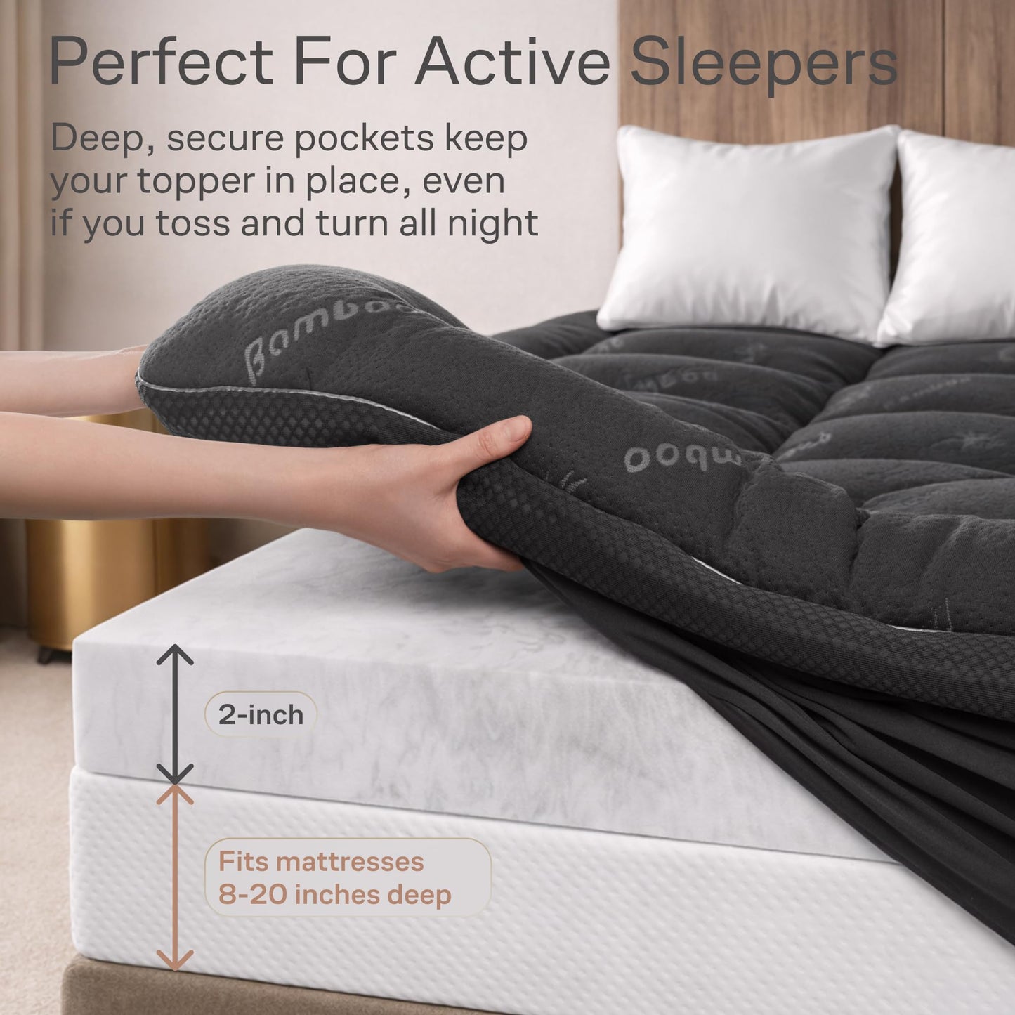 Dual-Layer 4 Inch Queen Size Mattress Topper - 2” Memory Foam + 2” Viscose Made from Bamboo Mattress Pad - Double the Comfort & Back Support - Removable & Machine-Washable Cover, Dark Gray