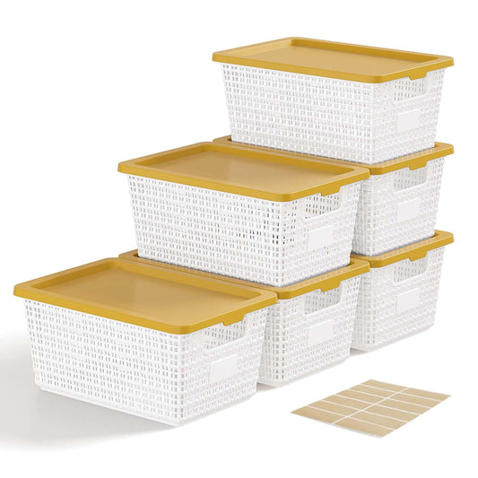 EOENVIVS Storage Bins Bakets with Lids 6 Pack, Stackable Organizer Bins for Small Spaces, Pantry, Closet & Bathroom, Secure Snap Lids, 11x7x5 Plastic Storage Containers for Shelf Organization, White