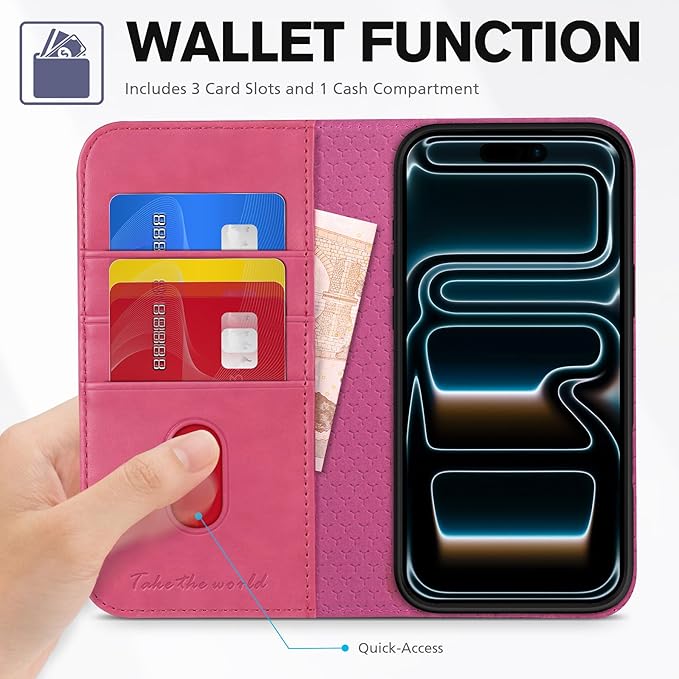 TUCCH Case Wallet for iPhone 17 Pro Max (6.9-Inch) 2025, [3 Card Slots] Kickstand [RFID Blocking] PU Leather Case, Flip Folio Cover with [TPU Shockproof Interior Shell], Hot Pink