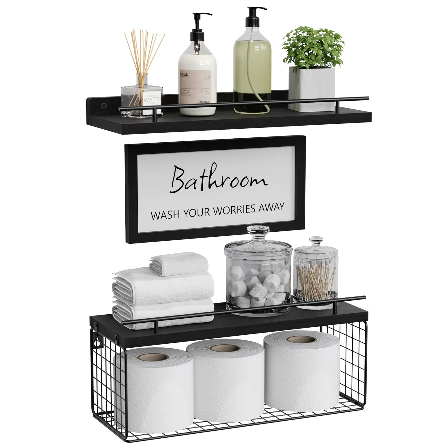 WOPITUES Floating Shelves for Wall Decor Sign, Bathroom Organizers and Storage, Bathroom Shelves Over Toilet with Metal Guardrail-Black