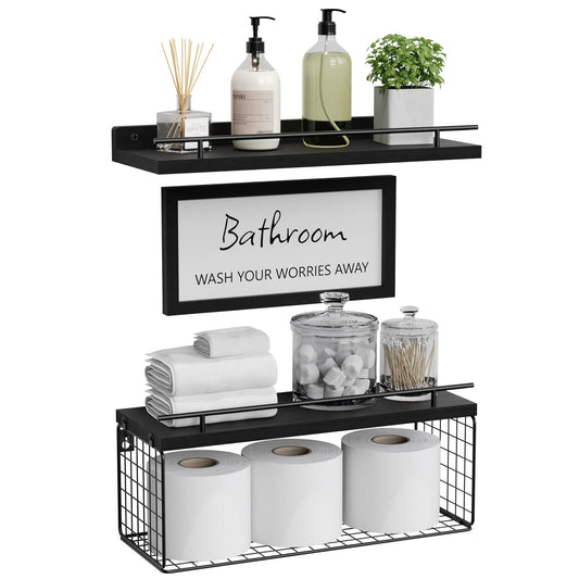 WOPITUES Floating Shelves for Wall Decor Sign, Bathroom Organizers and Storage, Bathroom Shelves Over Toilet with Metal Guardrail-Black