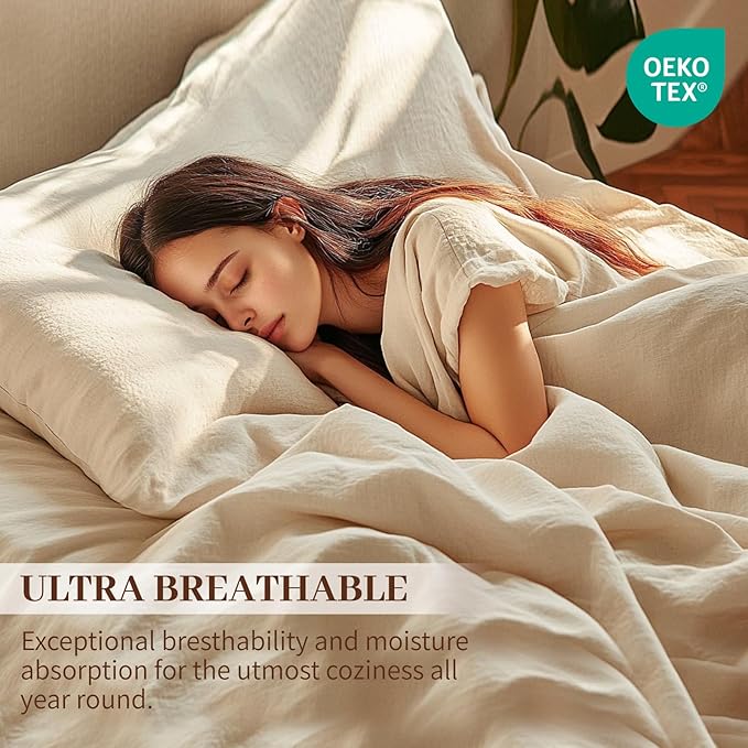MEISHANG 100% French Pure Linen Sheets California King - Bed Sheets 4 Piece Sets, Soft Durable Flax Linen, Anti-Tear Breathable Oeko-Tex Certified with 16" Deep Pocket (White)