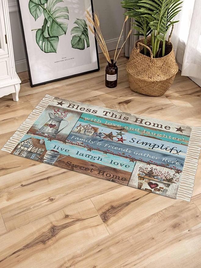 Turquoise Blue Brown Runner Rug 3X5 Ft Bedroom Area Rug, Washable Woven Vintage Barn Rustic Cabin Throw Carpet with Tassel, Non-Shedding Country Star Farm Wooden Plank Dining Room Living Room Carpets