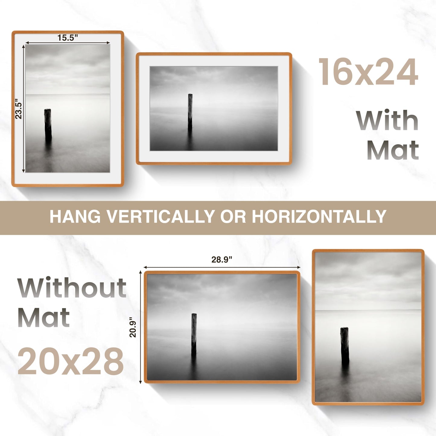 Acovy 20x28in Picture Frame, Natural Solid Teak Handcrafted Wooden Photo Frame, Dual Use for Wall Mount, Matted to Fit 16"x24" Photos, HD Tempered Glass, Pre-Installed Stand & Hanging Hook