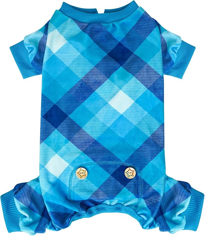 KYEESE Dog Pajamas Comfy Pet Clothes Velvet Doggie Jammies Plaid Dog Pajamas for Small Dogs Boy Girl Stretchy Onesie Lightweight Pjs Soft Coat,Blue, Medium