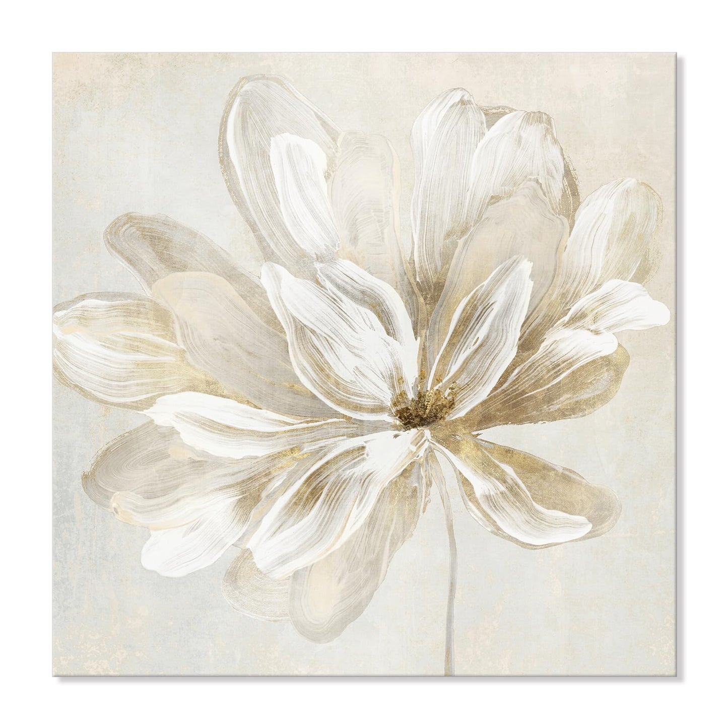 SEVEN WALL ARTS White Flower Wall Art Beige and Gold Blooming Flower Abstract Floral Artwork Print Poster for Living Room Bedroom Bathroom Home Office Wall Decor 24"x24"