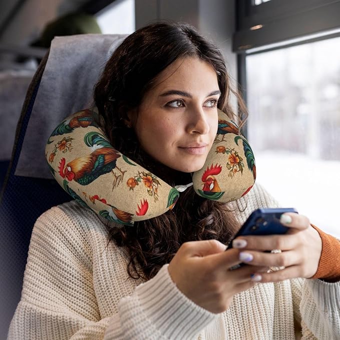 Neck Pillow Memory Foam Chin Cushion with Breathable Cover Retro Rooster, Cute Airplane Car Pillows for Office Head Pain Relief