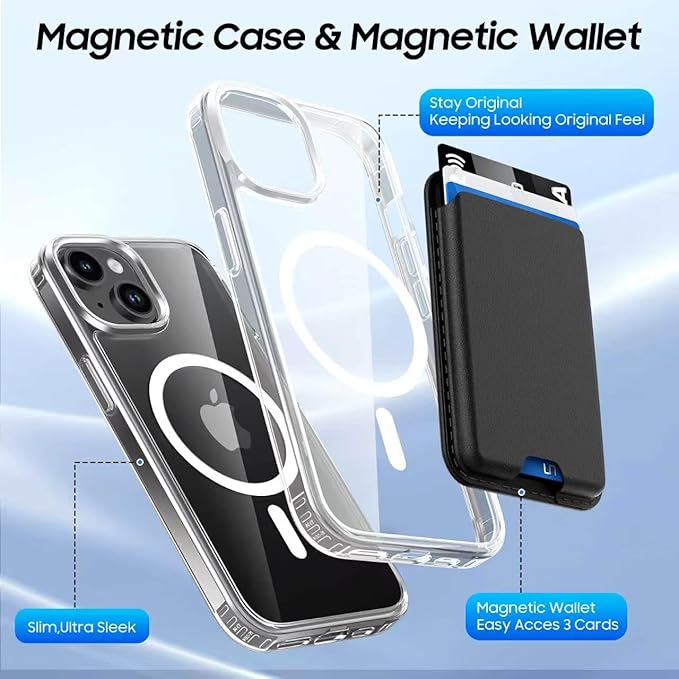 Ntwinro Magnetic for iPhone 13 & iPhone 14 Clear Case (Compatible with MagSafe) with Black Detachable Wallet & Card Holder for 3 Cards [RFID Blocking] Military Grade Protective Slim Phone Cover