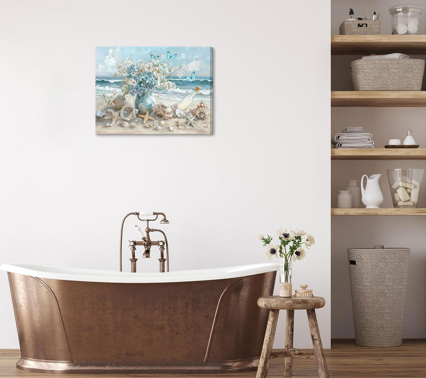 Framed Blue Ocean Beach Canvas Wall Art Seaside Seashell Painting Picture Wall Decor Starfish White Floral Vase Poster Print Artwork for Living Room Bedroom Bathroom Home Decoration 12×16in