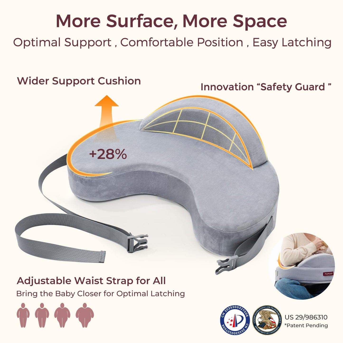 Momcozy Innovative Safety Guard Nursing Pillow - Firm & Springy Memory Foam - Stable, Ergonomic Support & Comfort - Wider Breastfeeding Cushion, Adjustable, Removable Cover, Baby Safety Certified