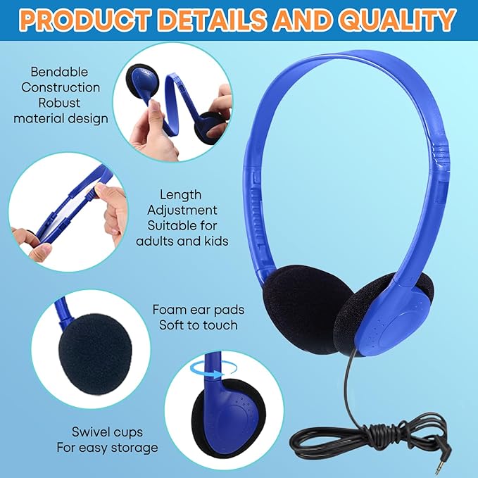 Kids Headphones Bulk 12 Pack for School Classroom Student Children Toddler Boys Girls Teen and Adults, Wholesale Wired Computer Earphones Class Set for Library Museums Airplane (HY857,12 Blue)