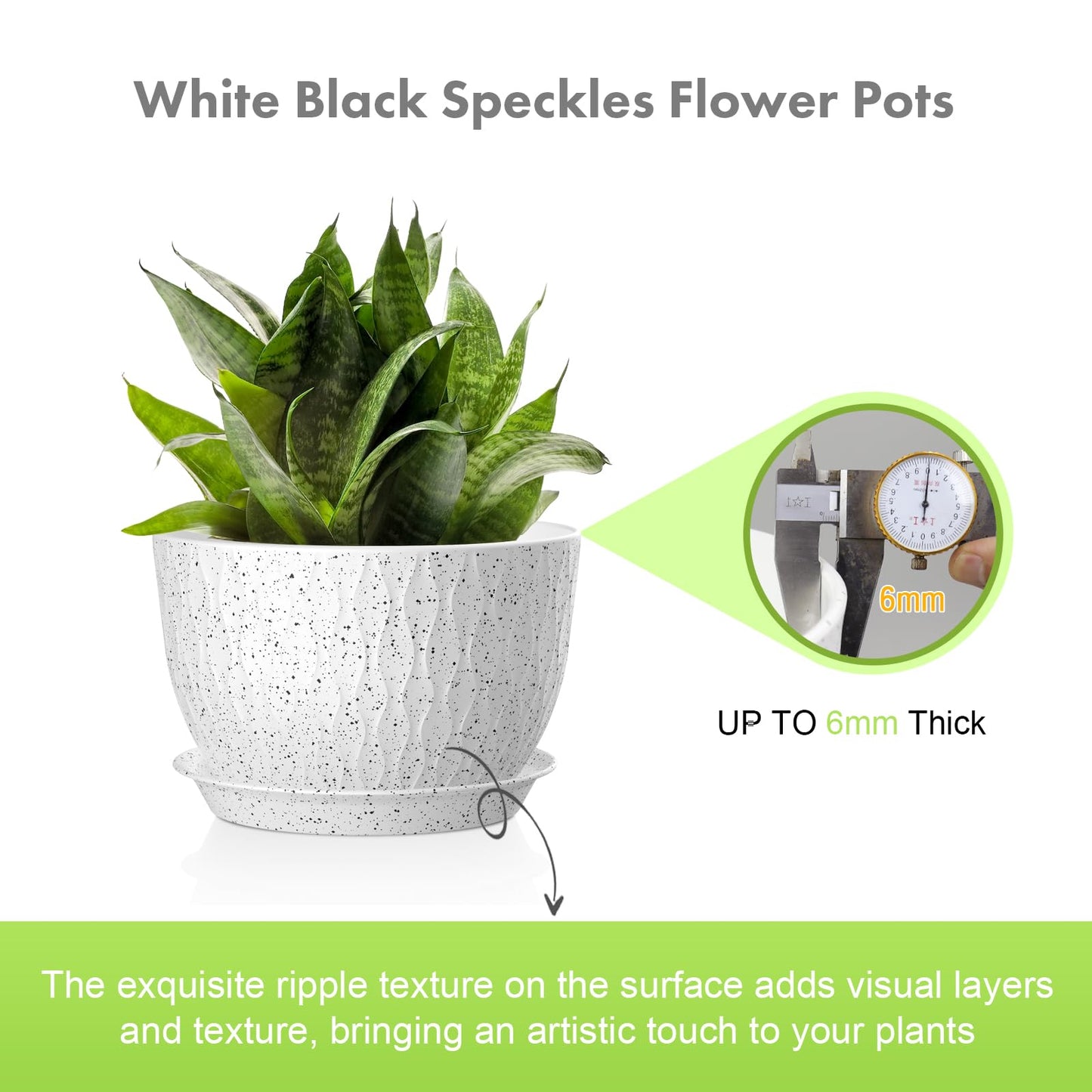 Meowell 12/10/9 inch Large Flower Pots, 3 Set Big Plant Pots for Outdoor Indoor Plants with Water Ripples, Wide Plastic Planters with Drainage Holes and Saucers for Garden House Plants, Speckled White
