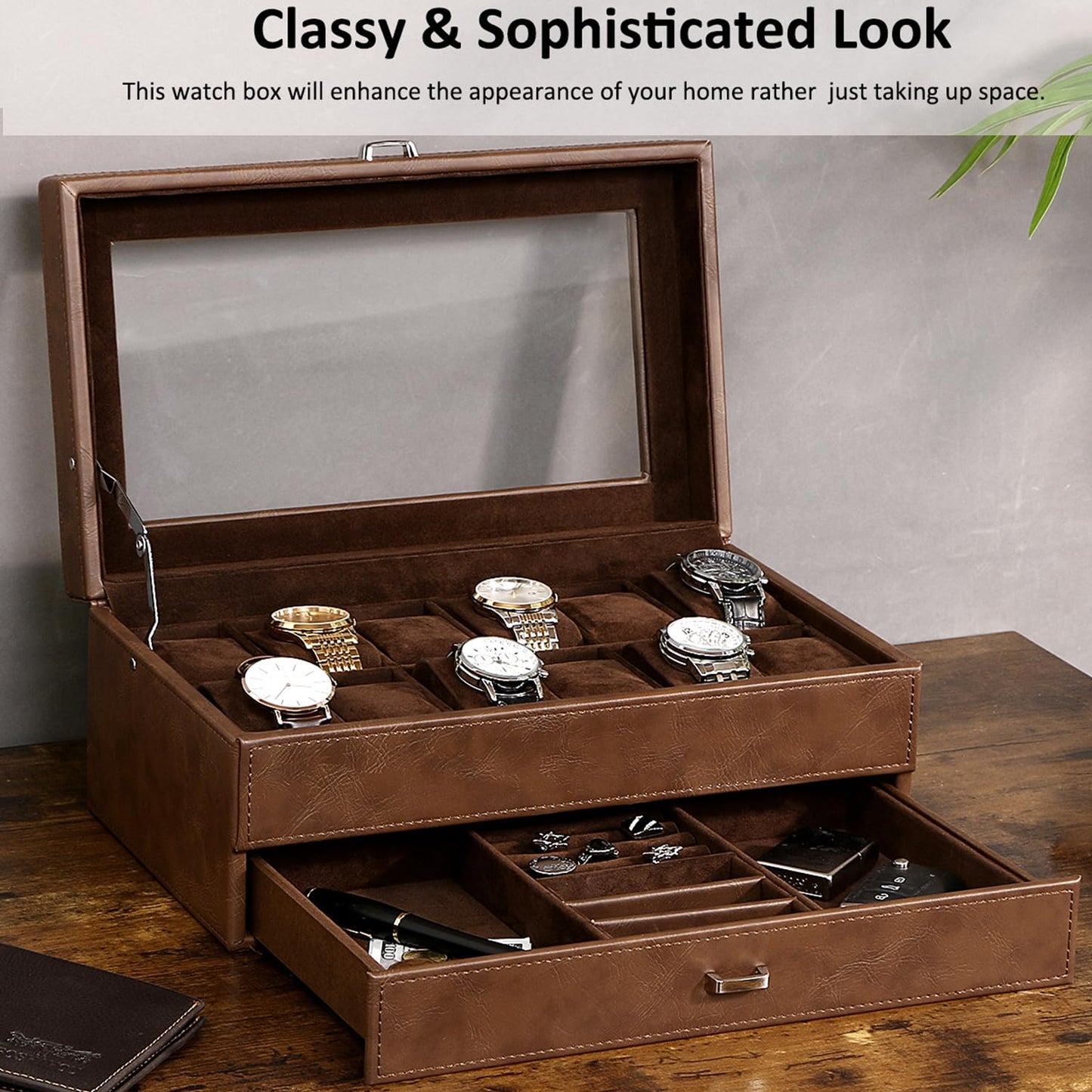BEWISHOME Watch Box 12-Slot, Watch Case with Large Glass Lid