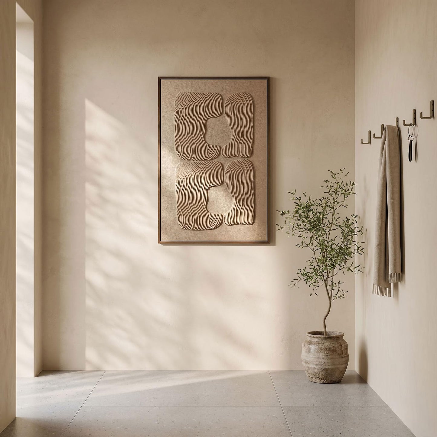 3D Textured Wall Art for Living Room, 1 Piece Wabi Sabi Abstract Sandstone Relief Artwork with Solid Catalpa Wood Frame, Minimalist Abstract Pictures for Hallway Entryway, Warm Oatmeal Beige, 24x36 In