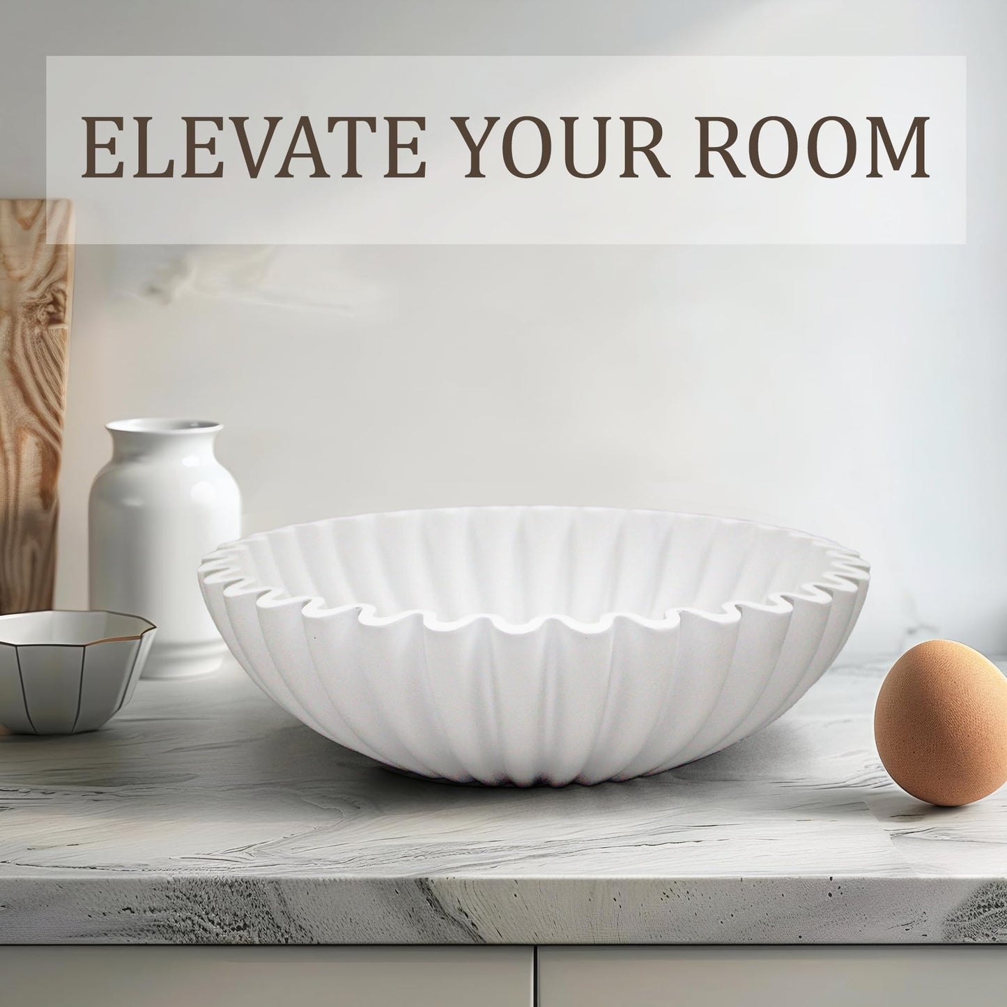 LIN CHUAN Ruffle Decorative Bowl, Large Fruit Bowl for Kitchen Counter, Stylish Key Bowl for Entry Table, Handcrafted Home Decor Display bowl, White