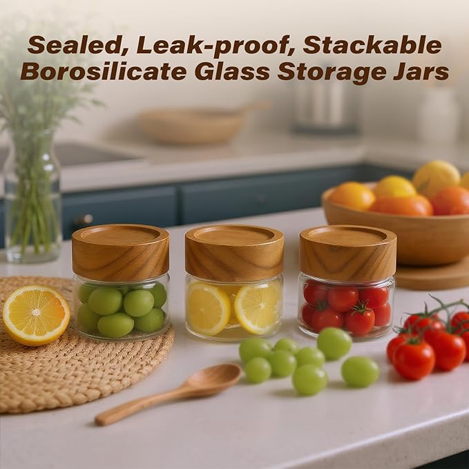 Zoaiirte 2-Pack 4 oz Leakproof Mason Jars with Airtight Acacia Wood Lids - Small Glass Food Storage Containers for Overnight Oats, Spices, Snacks, Kitchen Pantry Organization