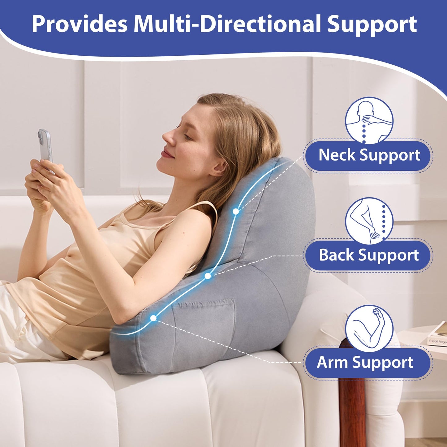 IASEAHK Back Pillow for Bed Sitting Up, Reading Pillows for Beds, Bed Pillow for Sitting up, Backrest Pillows with Arms for Adult, Filled with Shredded Memory Foam for Beds, Couch, Floor, Light Grey