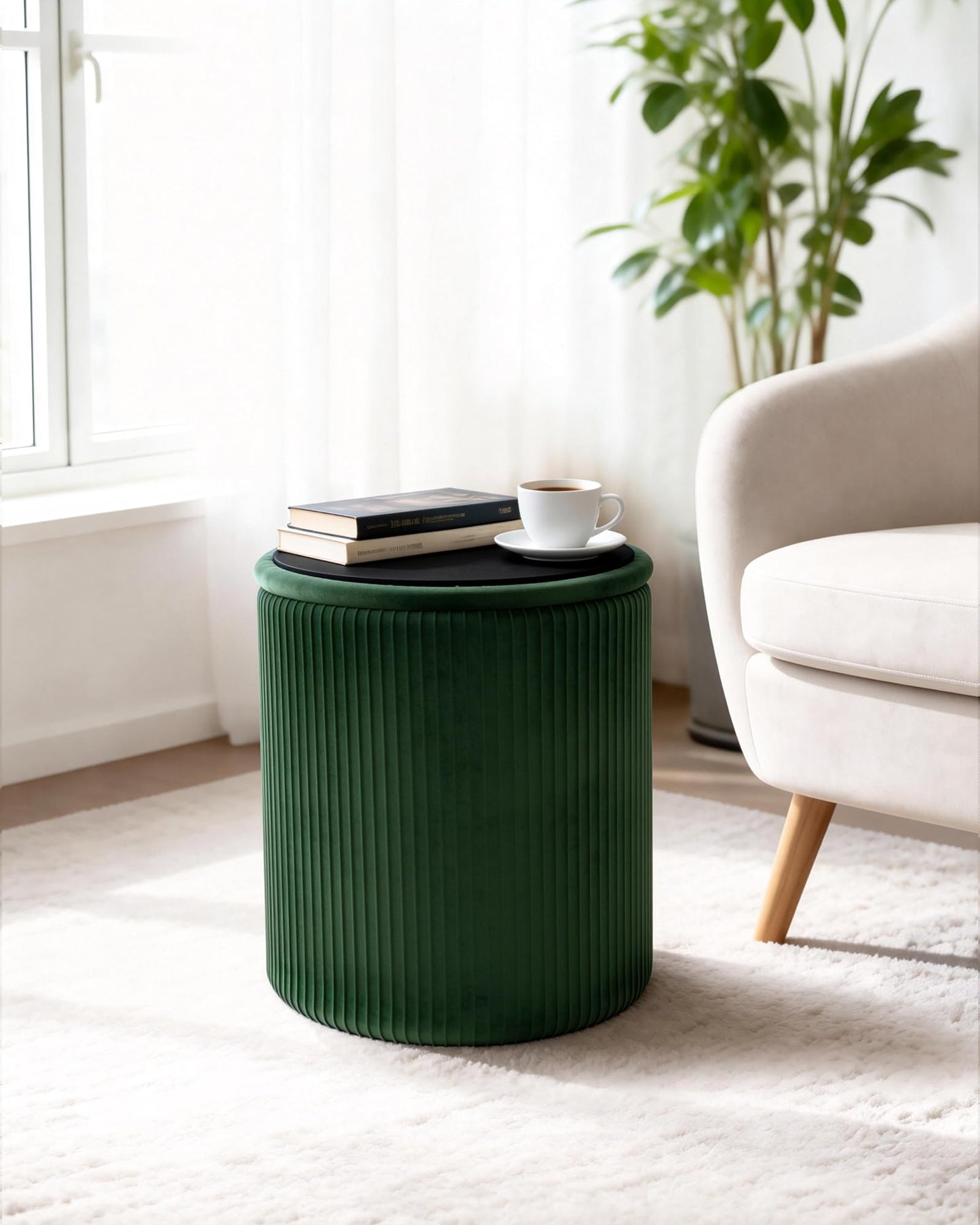 LITZFUR Round Ottoman with Storage,Velvet Upholstered Vanity Stool & Folding Foot Rest,Coffee Table for Living Room,Bedroom,Dark Green