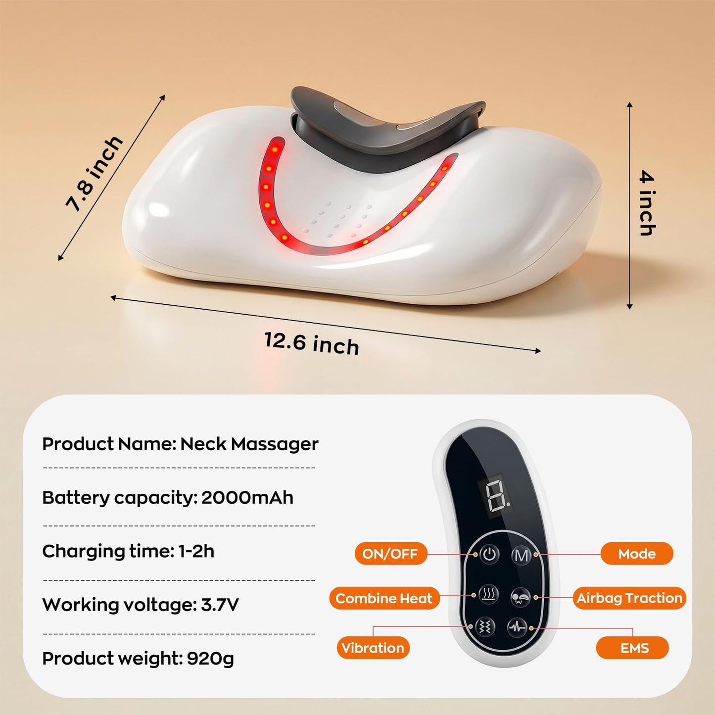HUADUO-BEAUTY 3-in-1 Shiatsu Neck & Back Massager with Heat, Vibration & Airbag Traction, Portable Cordless Electric Massage Pillow Ergonomic Design for Deep Tissue Pain Relief Muscle Relax