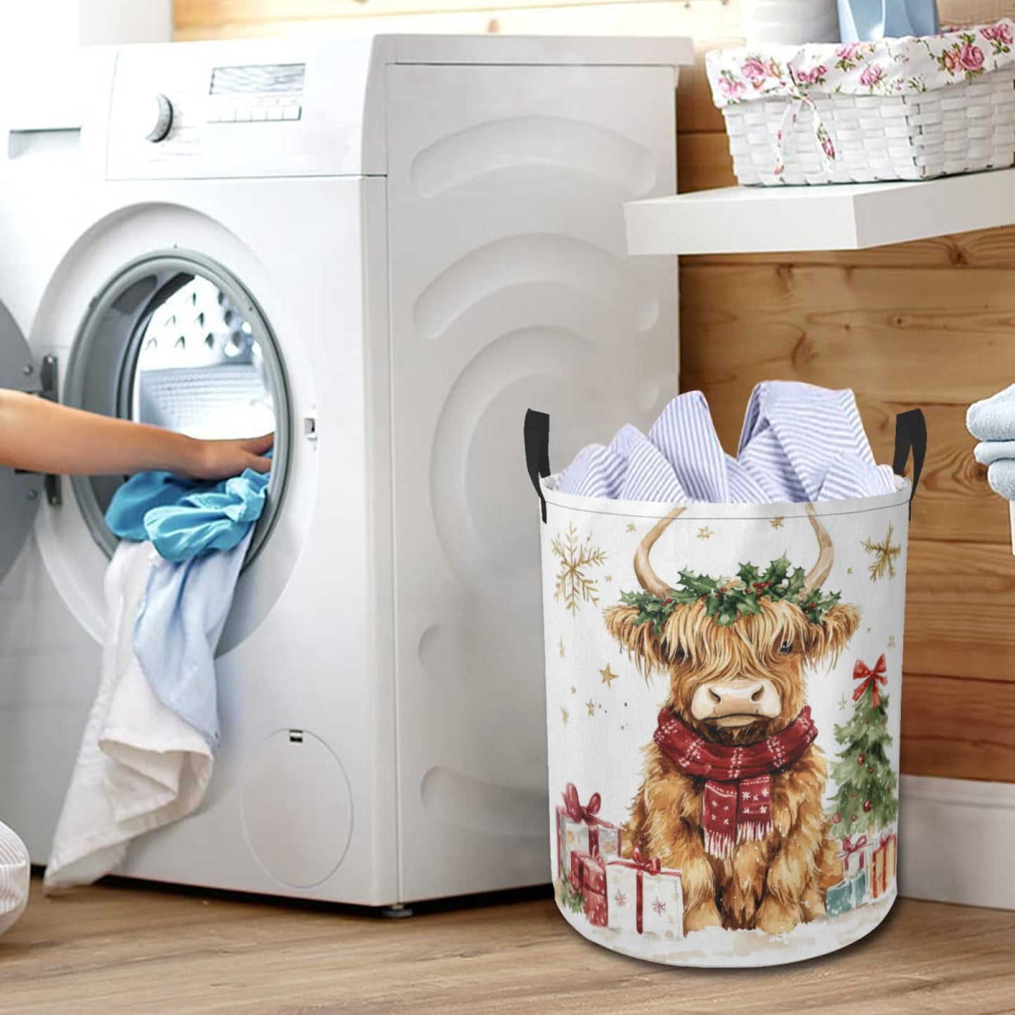 Christmas Highland Cow Laundry Basket Cute Animal Foldable Laundry Hamper with Handles Clothes Storage Bin for Household Bedroom Bathroom Dorms 17.3"x13.6"