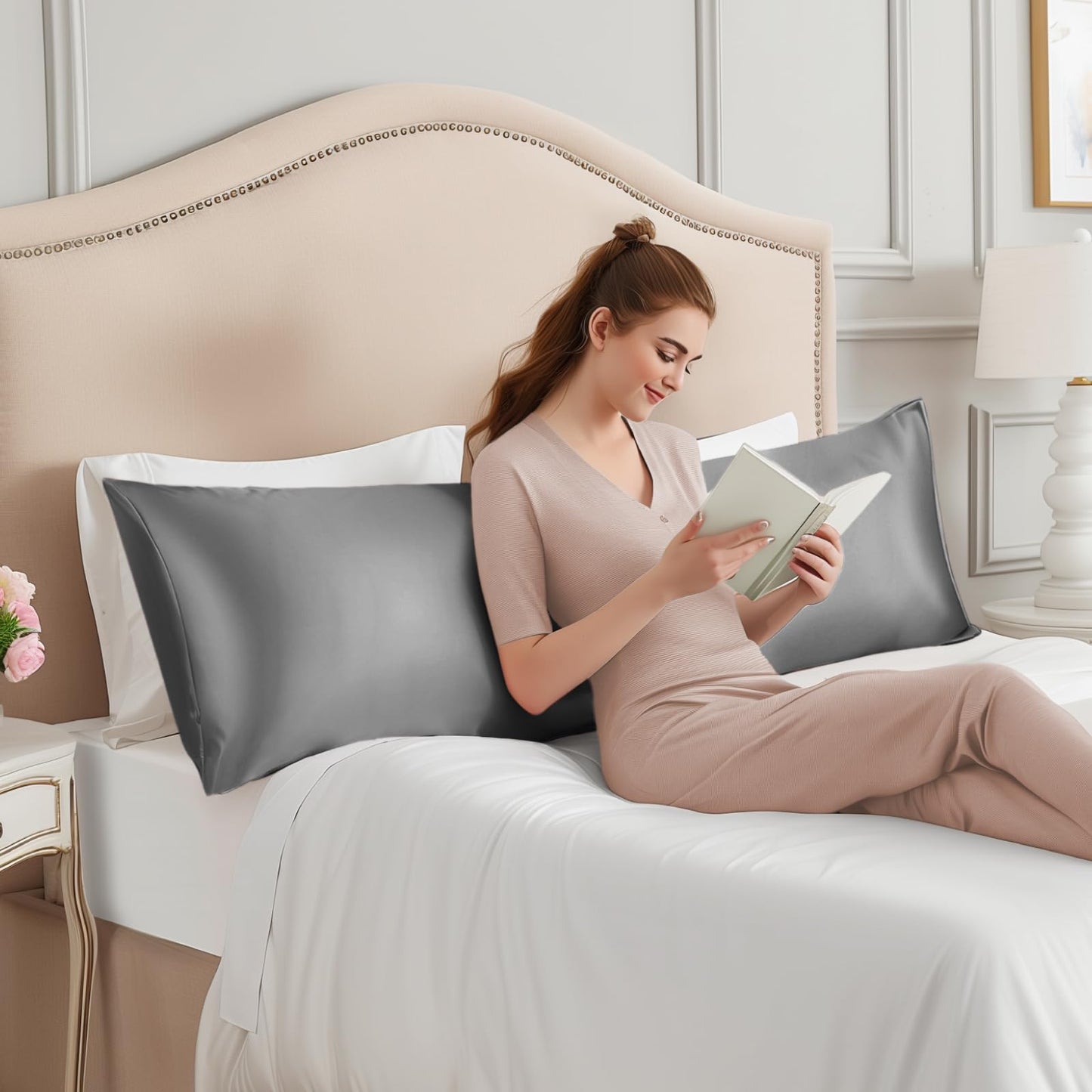 INFIIXSO Body Pillow Cover with Zipper, Luxury Mulberry Silk Body Pillow Case 20x54 Inches, Ultra Smooth and Soft Cooling Long Pillowcase, Gift for Women, Men(Dark Grey)