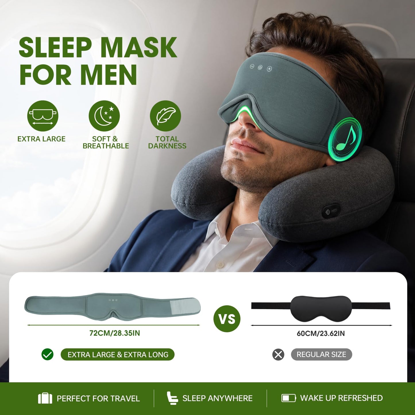 Bamboo Cotton Large Sleep Mask with Bluetooth Wireless Headphones - Blackout Eye Mask for Sleeping 3D Contoured Sleep Eye Cover Headband Ear Plugs Low Noise Hook for Men Women Better Experience (Grey)