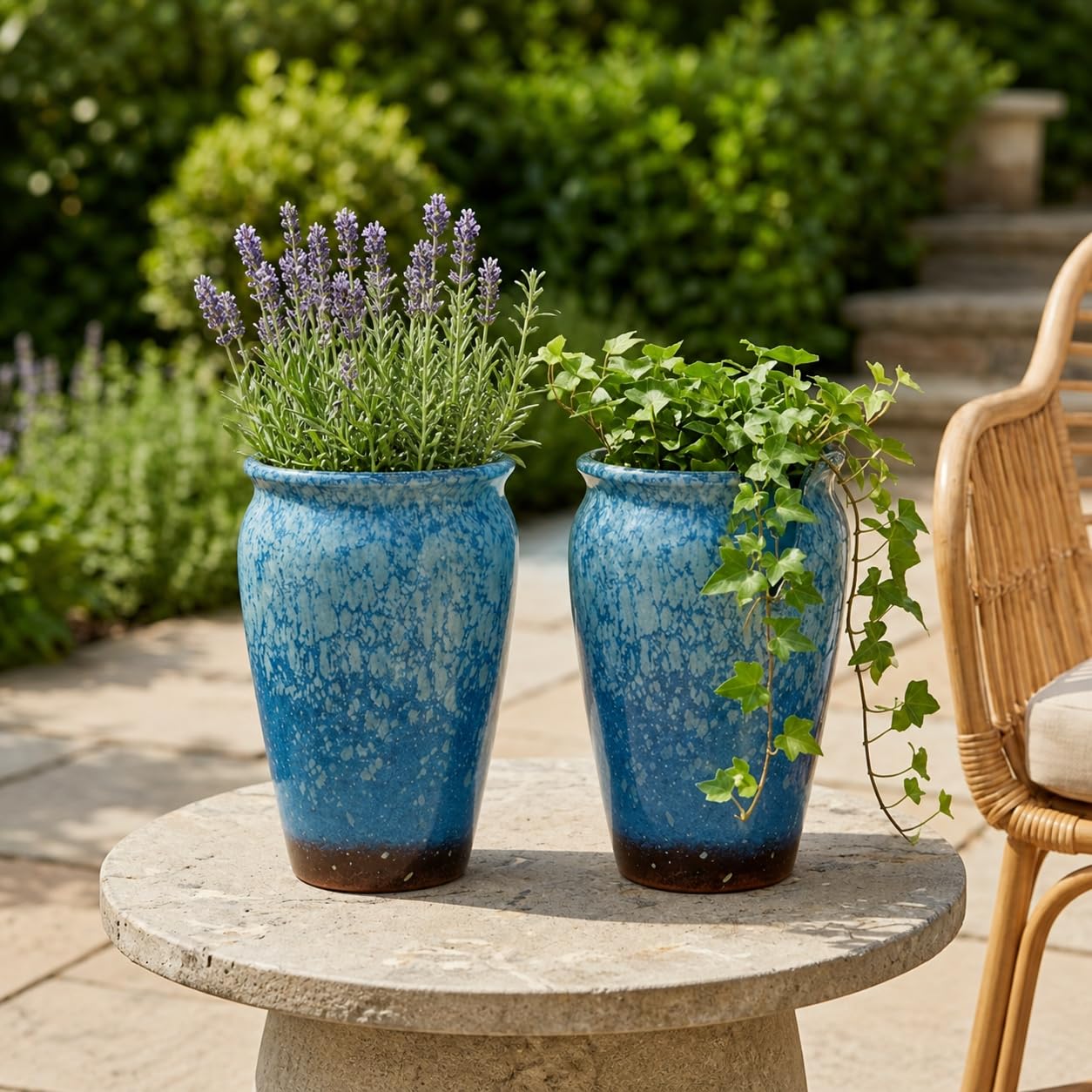 WildCorner Set of 2 8 Inch Ceramic Plant Pots with Drainage Holes, Reactive Glaze Planters for Indoor Plants, Decorative Flower Pots for Covered Outdoor Patio, Boho Housewarming Gift, Blue