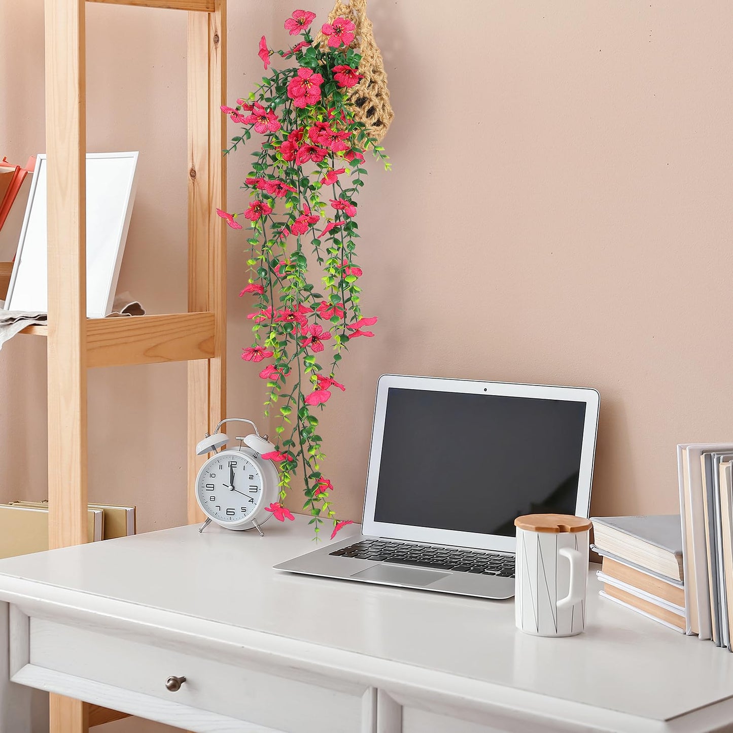 FAVOWREATH Fake Plants Hanging Artificial Potted Faux Eucalyptus Plants and Flowers for Modern Boho Farmhouse Bathroom Office Desk Wall Book Shelf Living Room Aesthetic Decor Indoor (Rose Red)