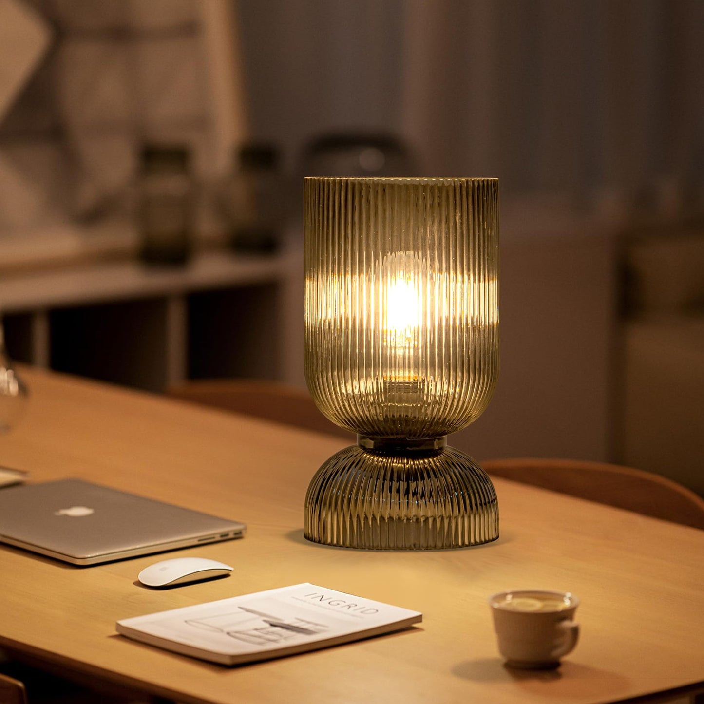 Gmrhndy Modern Table Lamp,Glass Mid Century Lamp with Smoky Gray Glass Shade, Bedside Lamp with On/Off Switch, Minimalist Nightstand Lamp for Bedroom, Living Room, Office (Bulb not Included)